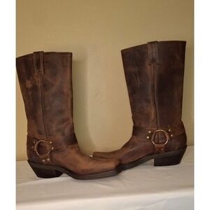 Nicole Womens Brown Leather Harness Boots Square Toe Moto Western Mid Calf Boots